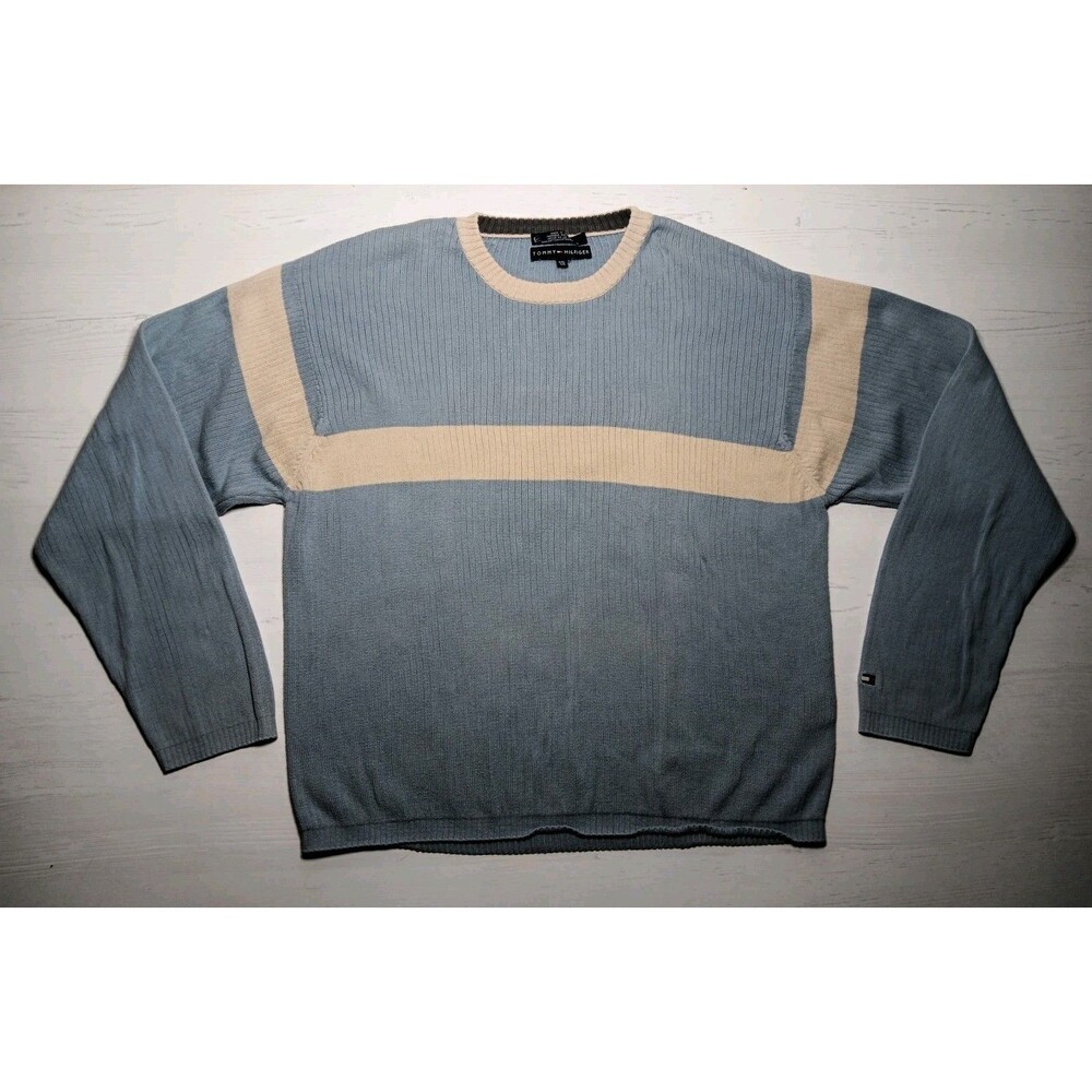 Tommy Hilfiger Crew Neck Light Blue And Beige Heavy Sweater Men’s Size XXL *Hole